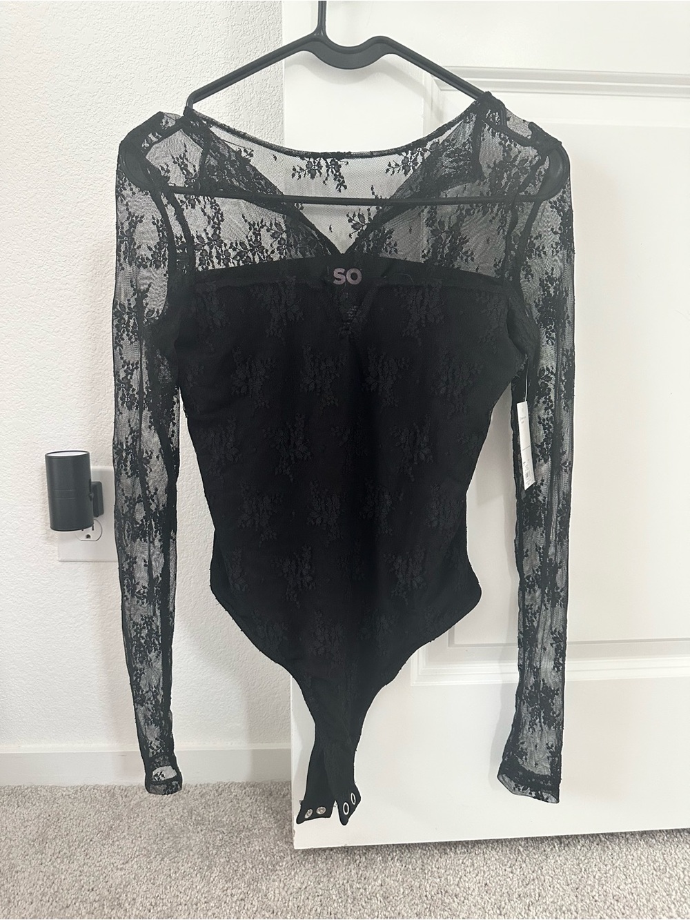 SO Black Sheer Lace Long-Sleeve Bodysuit